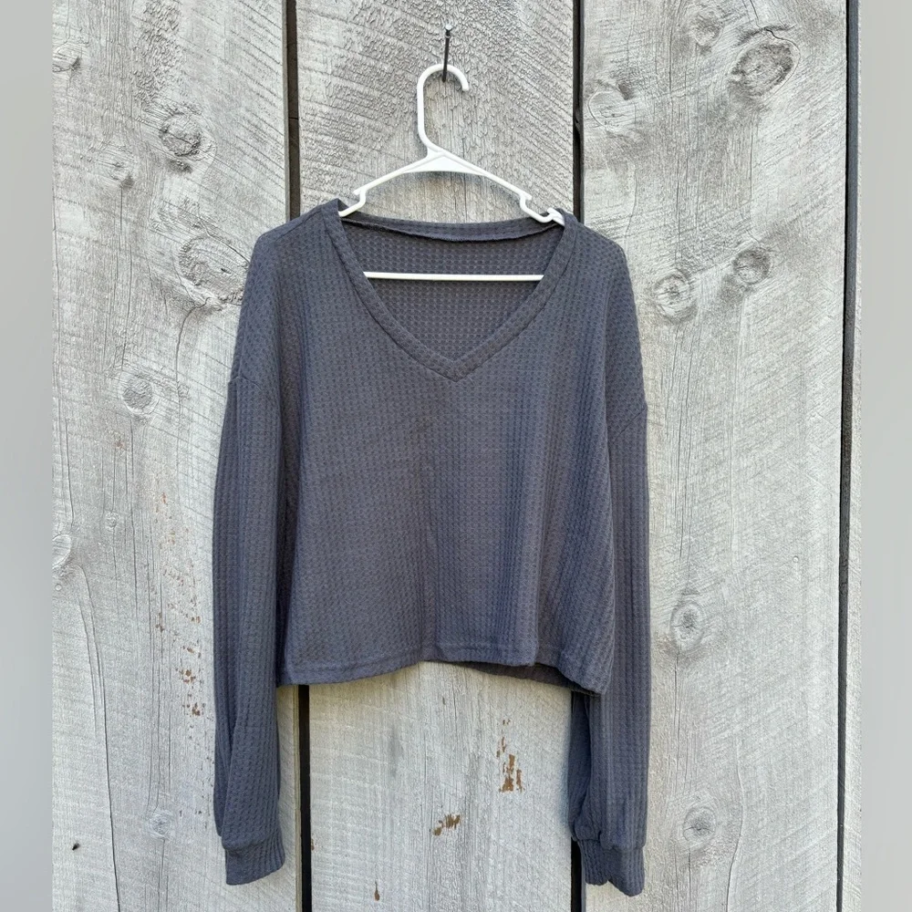 SHEIN EZ Wear drop shoulder long sleeve V neck grey ribbed top size L